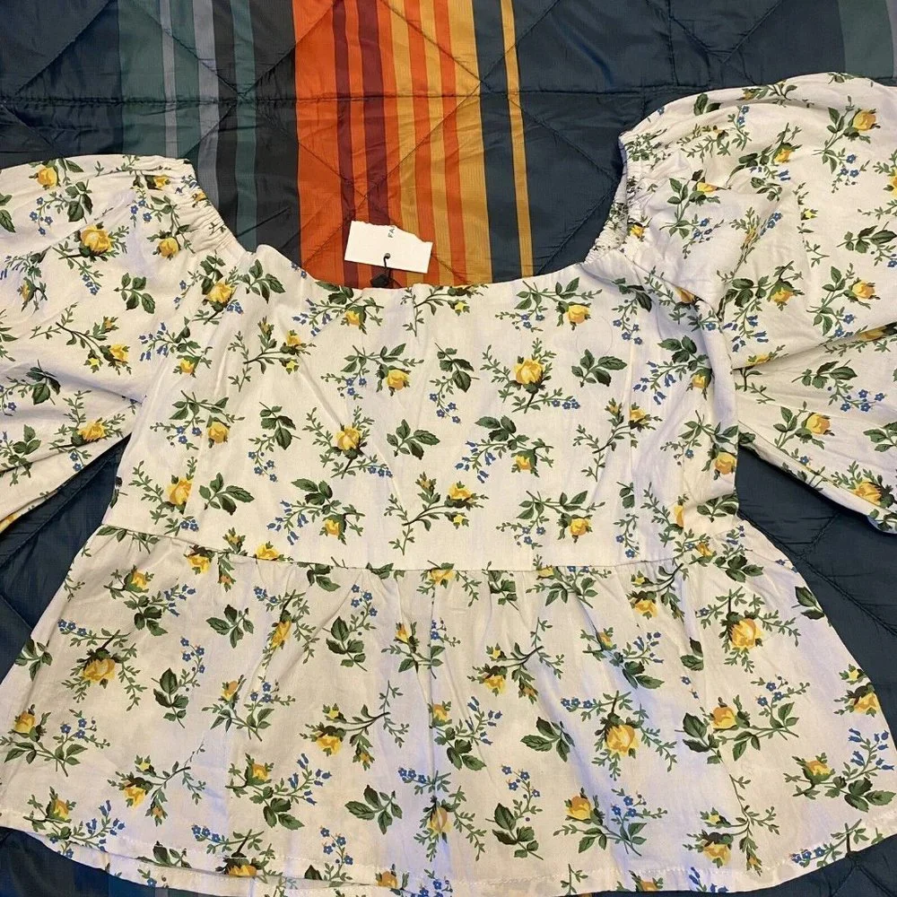 Faithfull the Brand Quincy Crop Top Large US 8 Bendita Floral Print White Puff - Picture 4 of 12